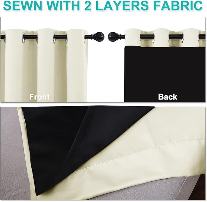 NICETOWN Cold Reducing Curtains, Kitchen Short Full Blackout Curtain Panels, Great Job for Blocking Light, Complete Blackout Draperies with Black Liner for Night Shift (Beige, Set of 2, 37 by 63-inch)
