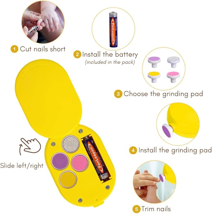 Electric Baby Nail File, Safe and Gentle Electric Baby Nail Trimmer with Interchangeable Pads, Low Noise Newborn Nail File and Baby Nail Buffer, Compact Nail Trimmer for Baby Grooming Kit (Yellow)
