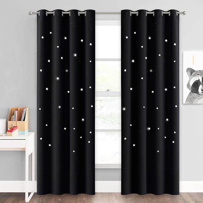 NICETOWN Block Out Curtains Stars - Starry Night Sleep-Enhancing Cosmic Themed Twinkle Drapes for Baby Nursery, Draft Blocking Draperies for Decor (Set of 2, W52 x L84, Black)