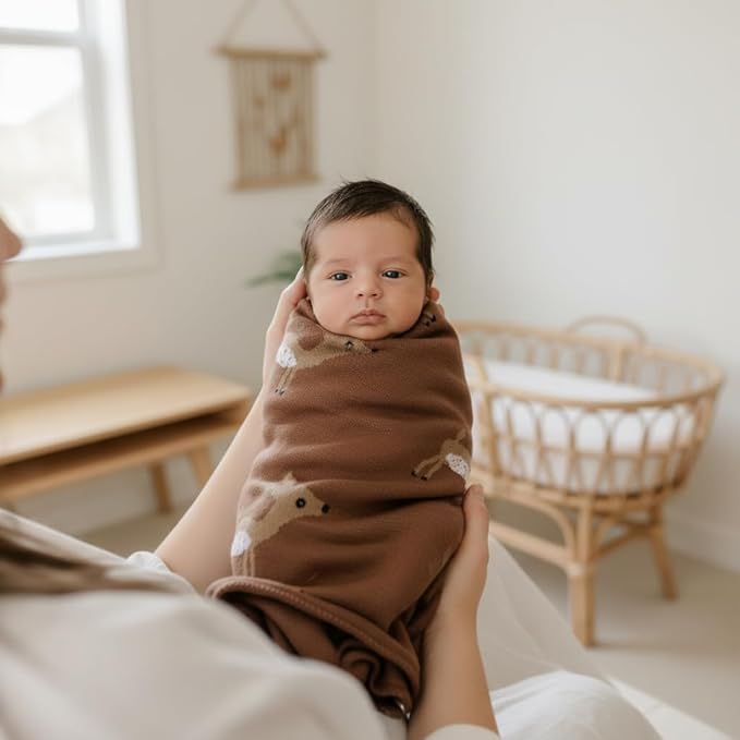 Knit Baby Swaddling Blanket - 100% Cotton Lightweight Soft Cozy Receiving Swaddle Stroller Quilt Blanket for Shower Gift Registry for Newborns, Infants, Toddlers (Deer - Mocha)
