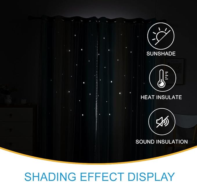 Star Girl and Kids Curtains for Bedroom Rainbow Ombre Double Layer Cute Shot Nursery Darkening Grommet Princess Room Décor 2 Panels Living Room Window Curtain (Blue Yellow52W x 95L