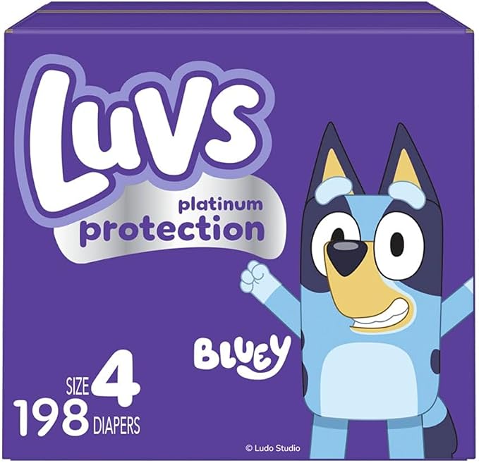 Luvs Size 4 Baby Diapers, Platinum Protection Bluey Diapers for Day & Night, Size 4, 198 Count (Packaging May Vary)