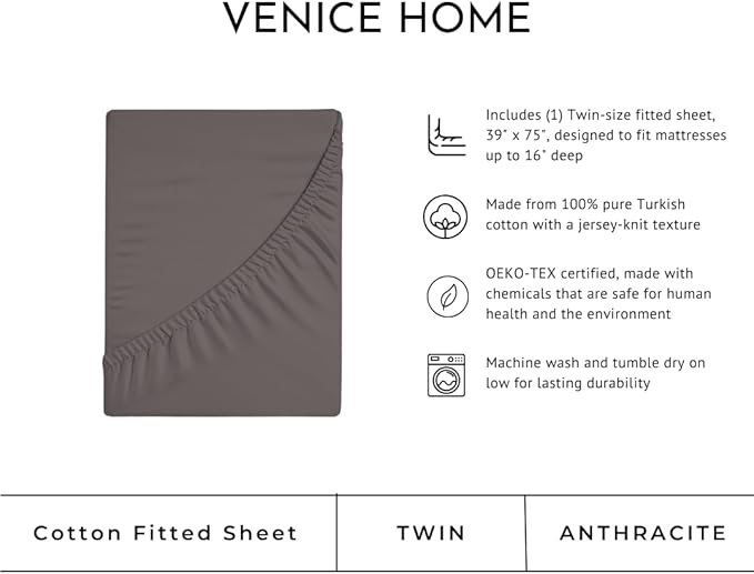 100% Cotton Fitted Sheet Only - Deep Pocket up to 16inch - All-Around Elastic - T-Shirt Fabric Jersey Knit - Extra Soft - Easy Fit - All Season - Comfy (Anthracite, Twin)