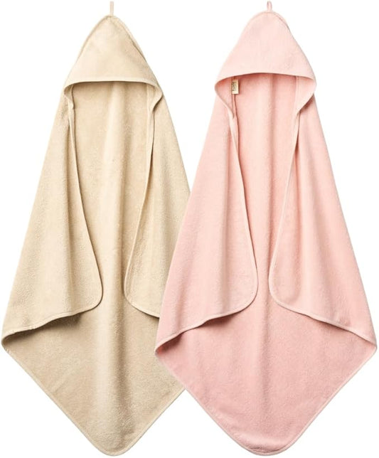 Baby Hooded Towel – Organic Cotton Baby Bath Towels, 32" x 32" Super-Soft and Absorbent Baby Towels for Newborn 2-Pack (Blush/Fog)