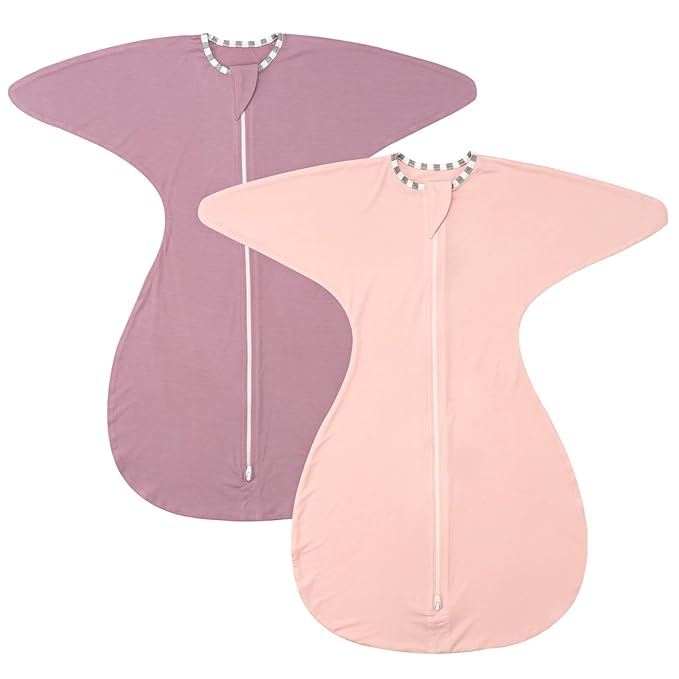 ZIGJOY Shark-Fin Transitional Swaddle for Newborn - 0.5 Tog Rayon Made from Bamboo Transition Swaddle Sleep Sack 3-6 Months Baby Arms Up Swaddle Blanket with 2-Way Zipper, Pink&Purple