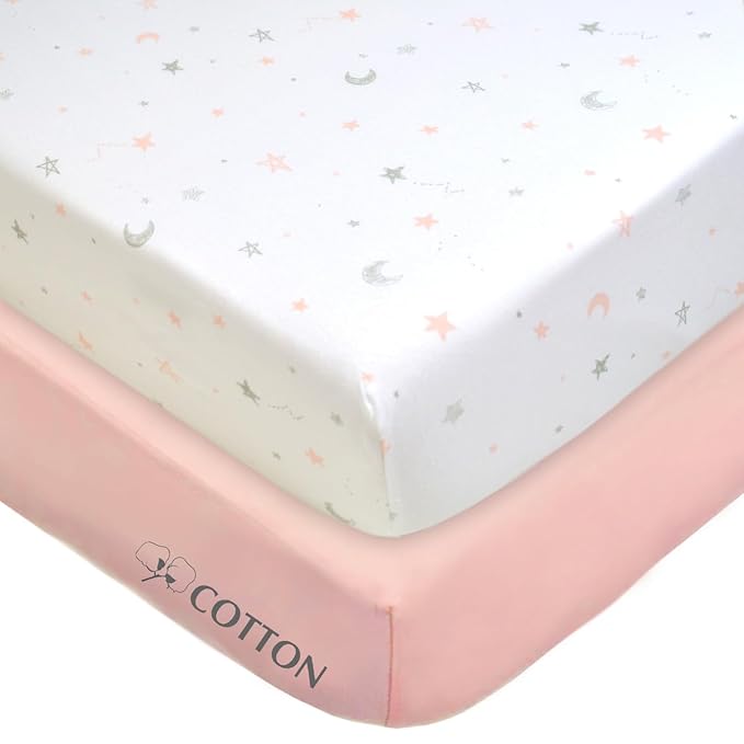 American Baby Company 2 Pack 100% Natural Cotton Fitted Crib Sheets 52" x 28" - Soft, Breathable, Hypoallergenic & Gentle Toddler Bed Sheets, Pink Stars and Blush, Neutral for Boys & Girls