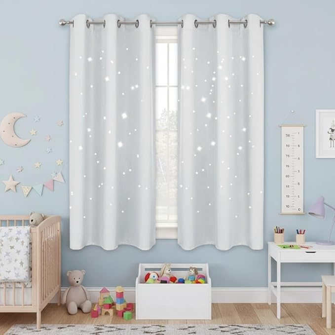 NICETOWN Blackout Curtains with The Stars Cut-Outs - Grommet Thermal Insulated Window Treatment Drapes for Baby Room/Play Room/Living Room (42 inches by 63 inches, 2-Pack, Greyish White)
