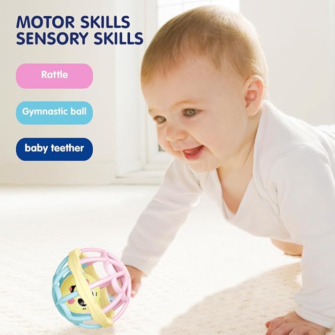 WEofferwhatYOUwant Baby Teether – Large Sensory Play Ball with Pastel Rattle – Easy Grip for Infants – Promotes Motor Skills & Tummy Time – BPA-Free, Safe Baby Toy for 0-6 Months