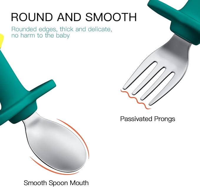 SFCCMM Baby Forks and Spoons Set Baby Training Utensils Self Feeding Toddler Silverware Silicone and Stainless Steel Kids and Toddler Utensil (Pink Dinosaur - Short)