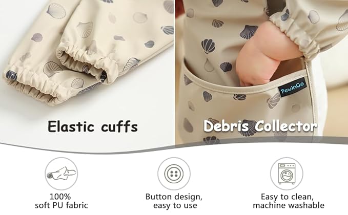 PewinGo Baby Bib with Long Sleeves Bib & BLW, Machine Washable & Soft and Skin-Friendly Material, Coverall Bibs for Baby Feeding, Waterproof and Easy to Clean, for Baby Infant Toddlers (Beige)