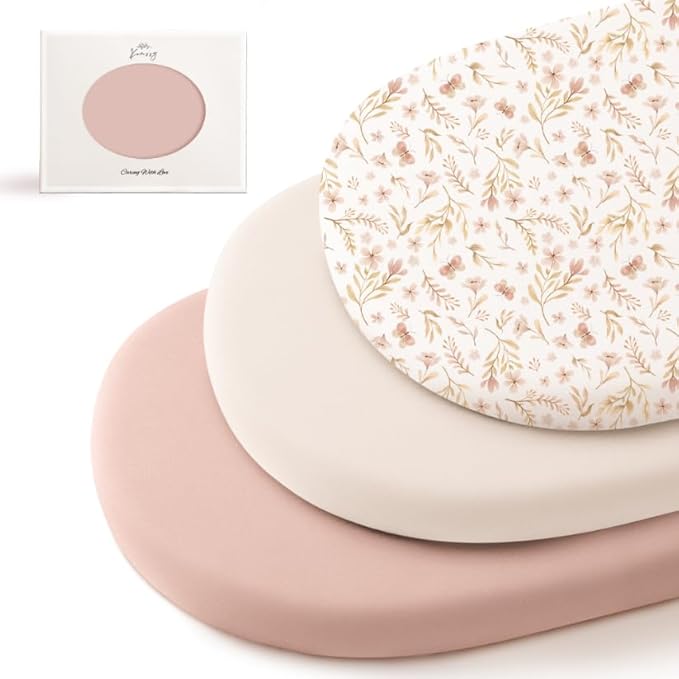 Konssy 3 Pack Stretchy Bassinet Sheets for Baby Girl Boy, Soft Breathable Baby Bassinet Mattress Sheets Fit for Hourglass Oval Cradle, Moses Basket Rectangle Mattress (Pink Spring)