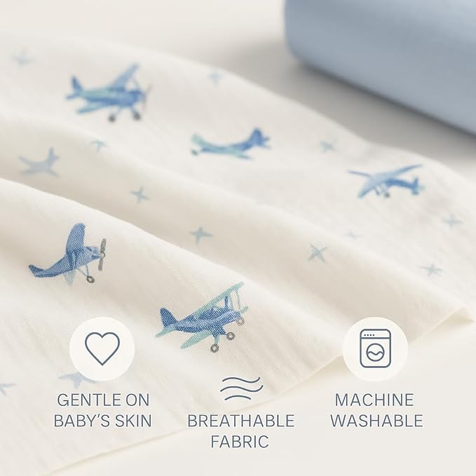 Soft 100% Cotton Swaddles for Newborns, 2- Pack - Large, Breathable Baby Blanket - Versatile, Durable Muslin Swaddle Blankets - Perfect Newborn Essentials (Airplane/Blue)