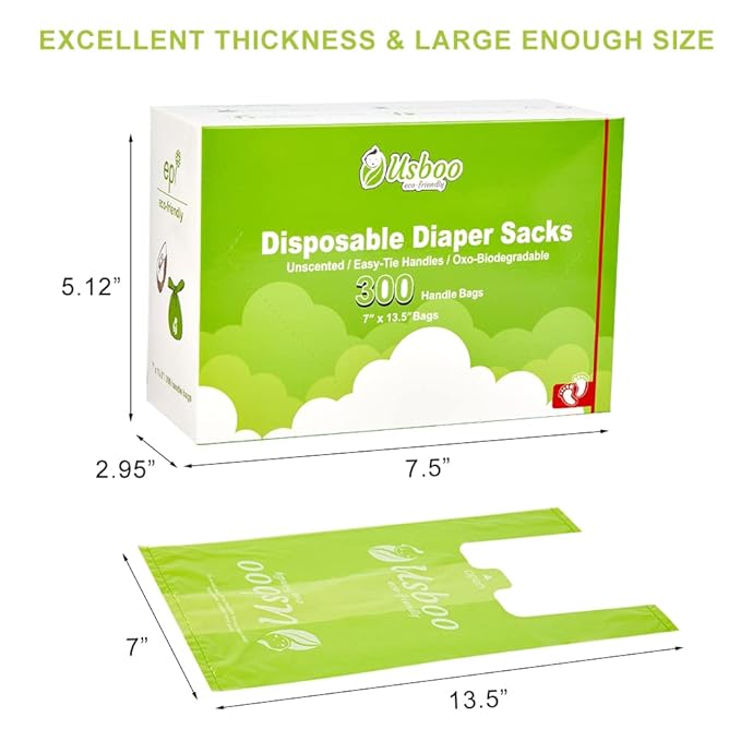 Baby Disposable Diaper Bags,300 Count OXO-Biodegradable Diaper Sacks,Easy-Tie Handles,Diaper Disposal or Pet Waste Bags, Unscented
