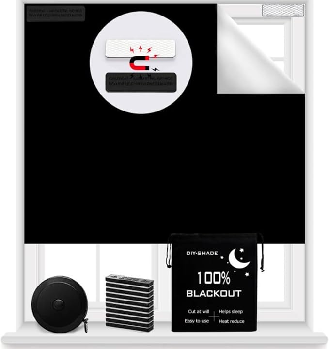 100% Blackout Blind Magnetic Window Cover 118 x 57Inch,No Drill,Cut Any Size/Shape,Portable Black Out Shades Curtains for Nursery Bedroom,Rv,Media Room with Magnetic Closure