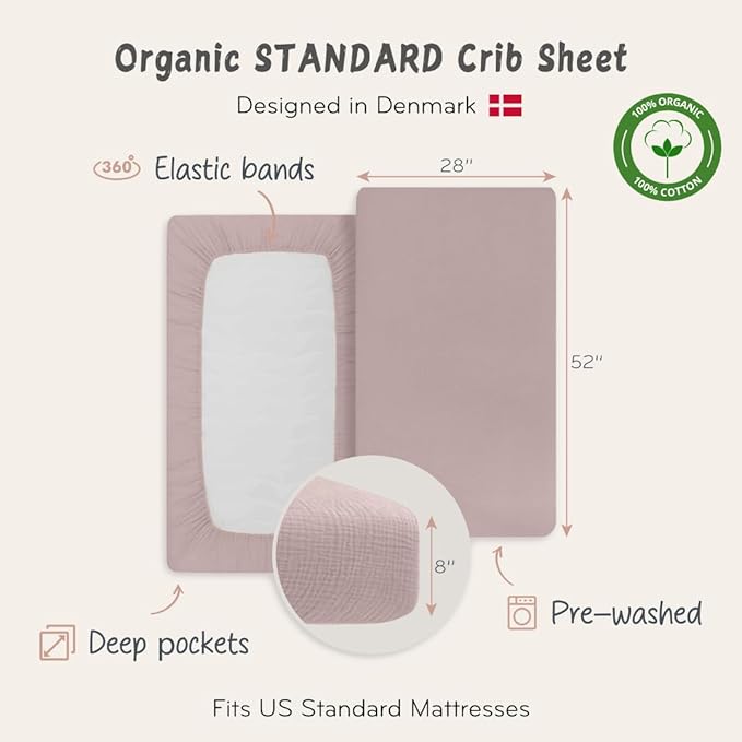 Crib Sheets – Organic Cotton Muslin Fitted Crib Sheet – Standard Size for Baby Boy and Baby Girl 28" x 52" Ultra-Soft and Breathable. (Blush)