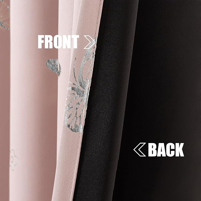 Jubilantex Butterfly Blackout Curtains Pink Silver 95" Long for Girls Bedroom Living Room Nursery Window Curtains with Black Layer,Grommet Top