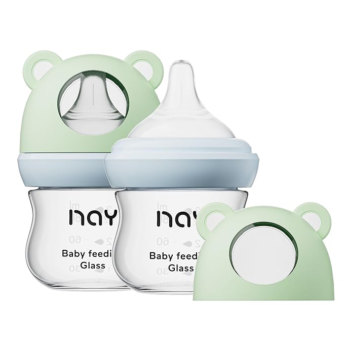 yanyoyo Natural Glass Baby Bottle for Breastfeeding Babies, 3oz Newborn Anti-Colic Baby Bottle with Slow Flow Nipples (SS), Clear, Wide Neck, 2 Pack, 0 Months+