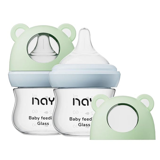 yanyoyo Natural Glass Baby Bottle for Breastfeeding Babies, 3oz Newborn Anti-Colic Baby Bottle with Slow Flow Nipples (SS), Clear, Wide Neck, 2 Pack, 0 Months+
