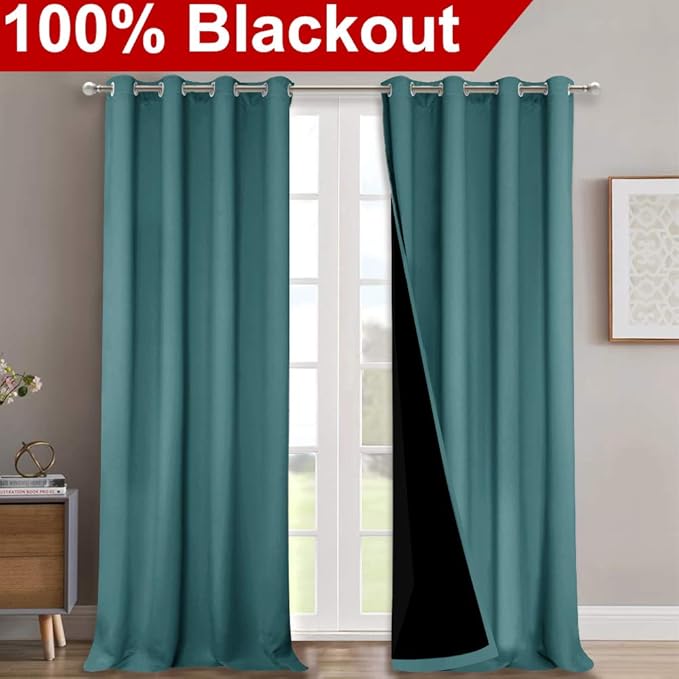NICETOWN 100% Blackout Blinds, Laundry Room Decor Window Treatment Curtains, Thermal Insulated Energy Smart Drapes and Draperies for Villa, Hall and Studio, Sea Teal, Set of 2, 52 inches x 95 inches