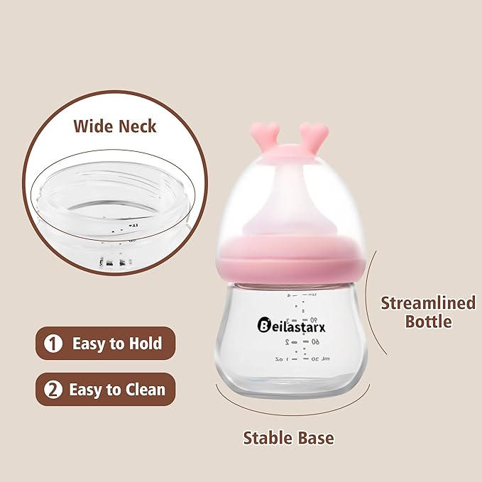 Beilastarx Glass Baby Bottles with Natural Response Nipple Size SS - Anti Colic Baby Bottles Wide Neck Slow Flow Baby Bottle (Multicolor, 4oz (Pack of 4))