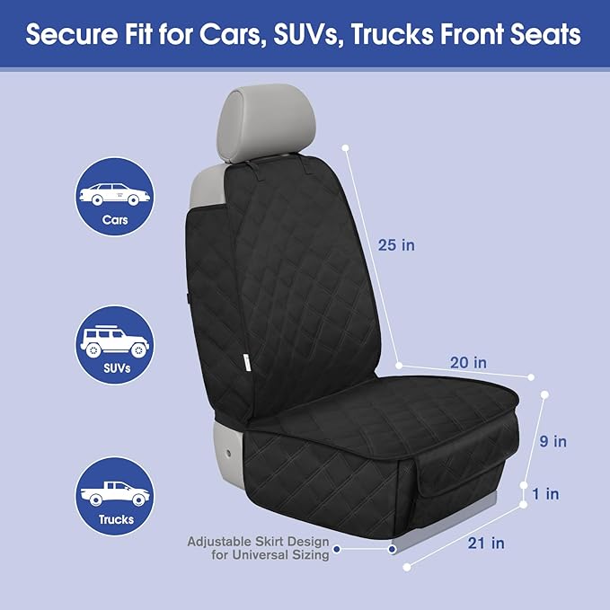 Heavy Duty Front Seat Cover with Side Flaps - Waterproof Secure Fit Captain Seat Protector for Dogs & Humans, Protects from Dirt, Fur, Scratches, Fits Cars, SUVs, Trucks, Minivans(1-Pack)