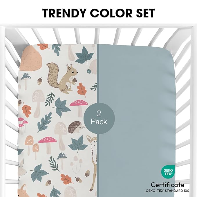Little Grape Land Crib Sheets 2 Pack, Microfiber Fitted Crib Sheet for Standard Crib Mattress 52"x28"x8", Soft and Neutral Baby Crib Sheets for Boys and Girls, Breathable & Easy Care, Woodland Fawn