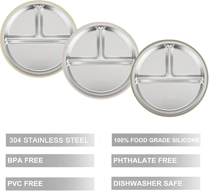 PandaEar 3 Pack Stainless Steel Baby Suction Plates, Divided Toddler Plate for Baby Led Weaning Supplies, Non-Slip Toddler Baby Feeding Set Dishwasher Safe (Linen Brown Tan)