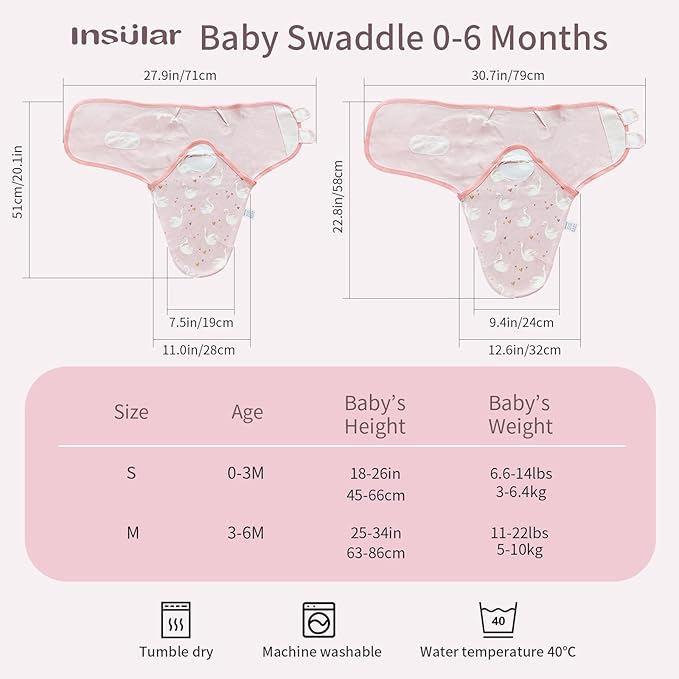 insular Baby Swaddle Wrap, Swaddle Blanket for Newborn and Infant, Adjustable Swaddling Set for Boy and Girl, Soft Cotton Baby Sleep Sack 3 Pack, Pink Swan, Medium(3-6 Month)
