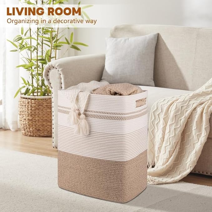 Laundry Basket, Large Woven Rope Tall Laundry Basket with Handles, Decorative Storage Basket for Clothes and Blankets in Living room, Bedroom