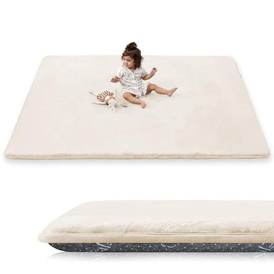 1.5" Thick Baby Play Mat for Floor, 39x59 Playpen Mat, Pro Soft Flannel Foam Mats Toddler Infant Kids Crawling for Nursery Rug Playroom Living Room Waterproof Easy Care Non-Slip (Beige)