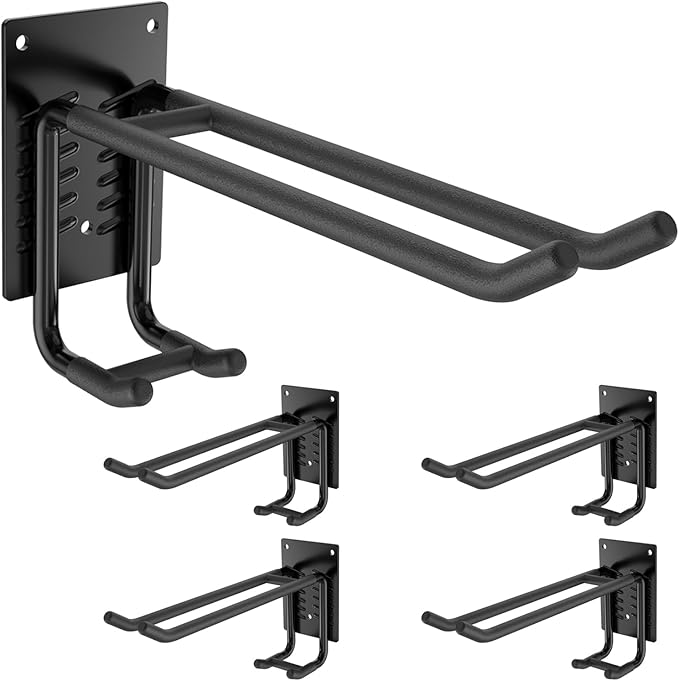 4 Pack Garage Hooks Heavy Duty 10 INCH Two-Tier Steel Shed Wall Mount Workshop Garage Storage Organizer Hooks for Hanging Garden Tool, Hose, Ladder, Chairs, Bikes with Anti-Slip Coating