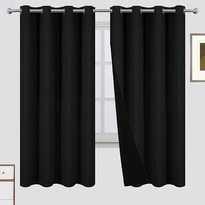 LEMOMO 100% Blackout Curtains 52 x 72 Inch Black Curtains 2 Panels Darkening Thermal Insulated Bedroom Curtains