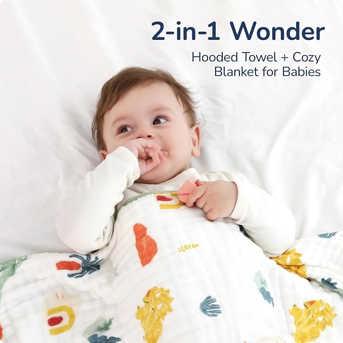 Muslin Hooded Baby Towels 2 Pack, Ultra Soft & Absorbent Baby Bath Towels, Bath & Beach Essentials, Shower Gifts for Newborns, Babies, Infant, Toddler - 32x32 Inch (Dolphin & Dinosaur)