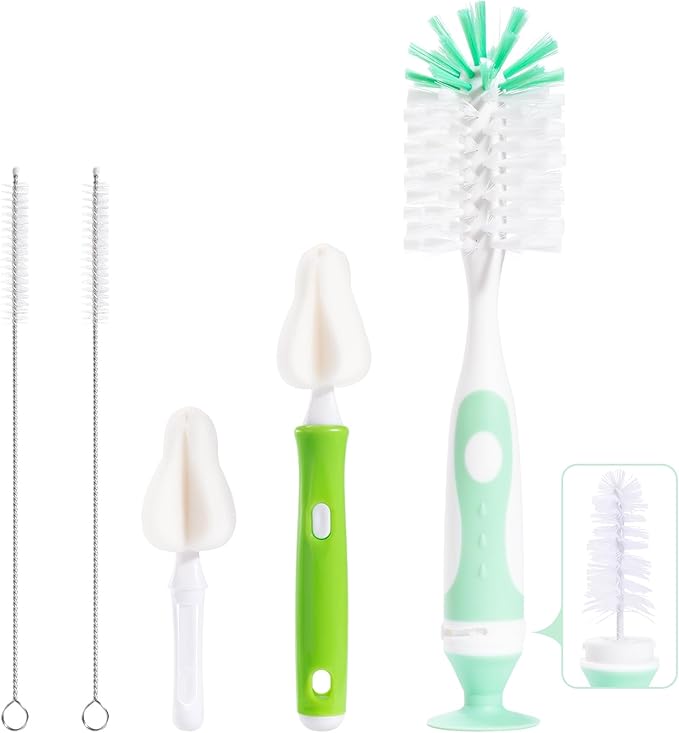 Baby Bottle Brush with One Base Hidden Nylon Nipple Cleaner, Stand Suction Cup,2 Pack Straw Brushes,1 Pack Sponge Nipple,1 Piece Replacement Head, Green