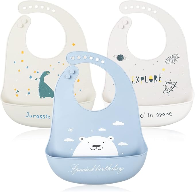 YINGJEE Baby Silicone Feeding Bibs, 3pcs Adjustable Waterproof Bibs for Feeding
