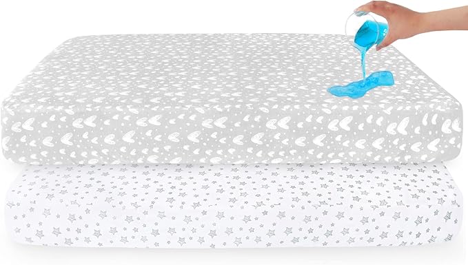 Waterproof Crib Sheets 2 Pack, 100% Cotton Crib Mattress Protector, Fitted Crib Sheet, Ultra Soft & Breathable Toddler Bed Cover for Boys and Girls, White & Grey Star Print