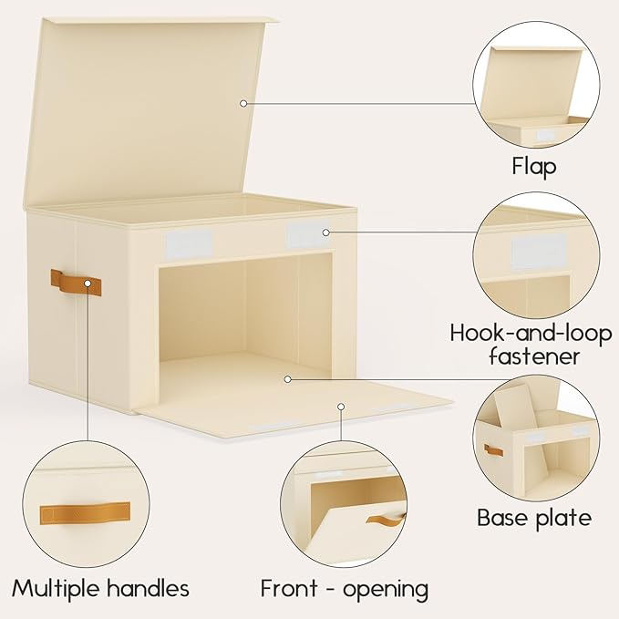 Large Storage Bins with Lids - Front Opening Fabric Storage Bins, Flap Closet Organizer with Handles, Collapsible Boxes with Lid, Decorative Basket for Home, Dorm, 6 Pack, Beige