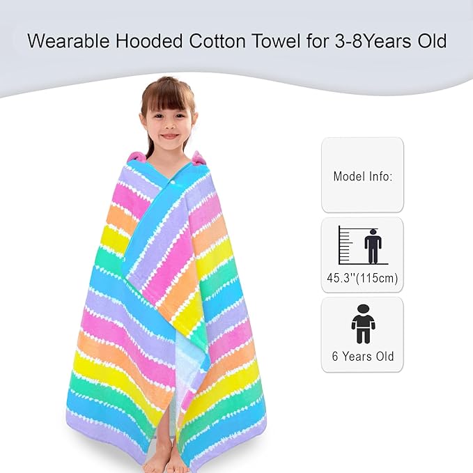VOOVA & MOVAS Hooded Beach Towel for Girls & Kids (3-8 Years) | 30"x50" Soft Absorbent 100% Cotton Towel Wrap | Perfect for Toddler Beach, Pool, Bath, Swimming | Striped Color Design