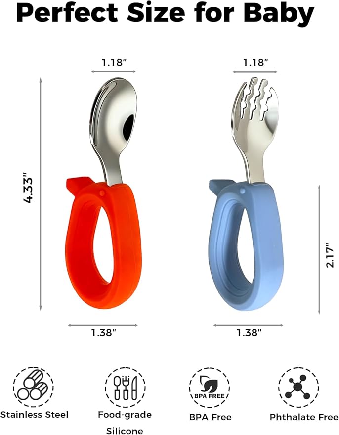 Toddler Utensils, Stainless Steel Baby Forks and Spoons Set with Silicone Handle, Kids Silverware with Portable Storage Case, Baby Feeding Essentials, Dishwasher Safe (Blue+Red)