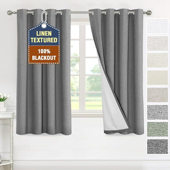 H.VERSAILTEX 100% Blackout Curtains for Bedroom Thermal Insulated Linen Textured Curtains Full Light Blocking Drapes Living Room Curtains 2 Panel Sets, 52x63 Inch, Heather Mid Grey(Not Solid)