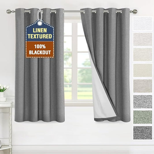 H.VERSAILTEX 100% Blackout Curtains for Bedroom Thermal Insulated Linen Textured Curtains Full Light Blocking Drapes Living Room Curtains 2 Panel Sets, 52x63 Inch, Heather Mid Grey(Not Solid)