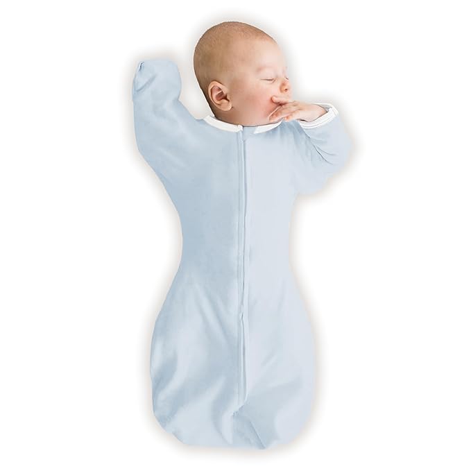 SwaddleDesigns Organic Transitional Swaddle Sack, Arms Up Swaddle with Half-Length Sleeves & Mitten Cuffs, Large, 6-9 Months, 21-24 lbs, Soft Blue