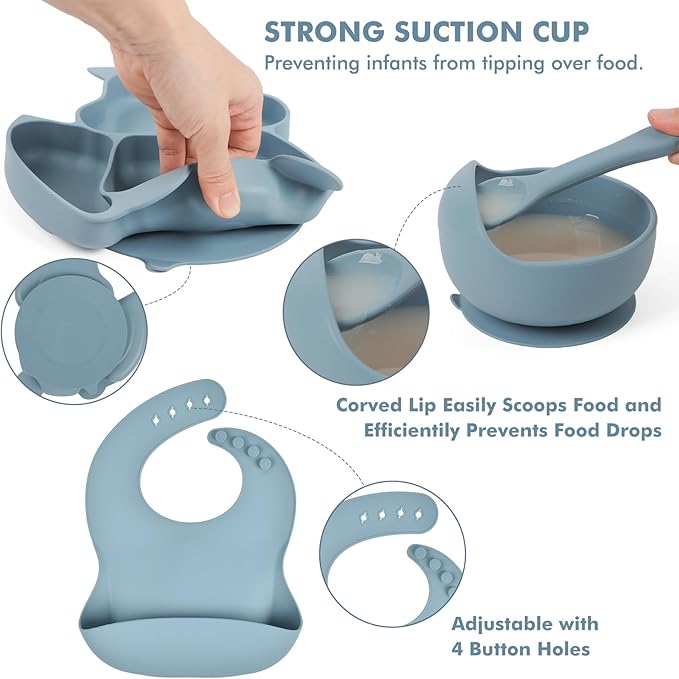 Silicone Baby Feeding Set 15 Pcs，Baby Plates,Baby Spoons Suction Bowl Divided Plate Bib Cup Finger Brush Training cups,Baby Led Weaning Supplies（blue）