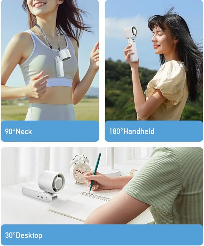 High Speed Handheld Fan, 13500 RPM Turbo Motor TEC Instant Cooling, 4000mAh Battery (3-23H) LCD Display, 3-in-1 Neck/Desk/Portable Fan for Travel Office Sports (Off-white)