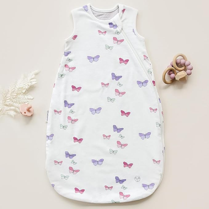 Woolino Merino Wool and Organic Cotton Baby Sleeping Bag - 4 Season Classic Sleep Sack - Two-Way Zipper Sleeping Bag for Baby and Toddler - 0-6 Months - Butterfly