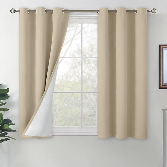 BGment Short Blackout Curtains for Bedroom 45 Inch Length, Thermal Insulated Soundproof Room Darkening Curtains for Living Room, Each Small Window Curtains 42 Inch Wide, Beige, 2 Panels