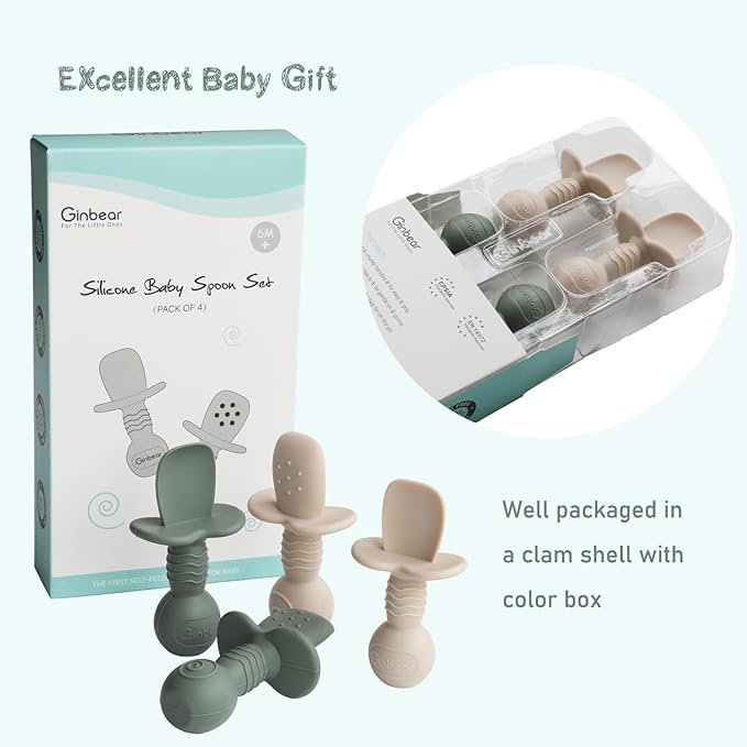 Ginbear Platinum Silicone Baby Spoons Self Feeding 6 Months First Stage, Non Toxic Infants Led Weaning Utensils for Training, Soft BLW Supplies Pack of 4 (Dark Sage/Ivory)