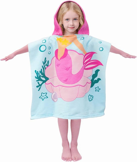 Hooded Kids Beach Towels - Toddler Bath Towel Girls Boys Swim Cover-ups for Ages 1 to 6 Kids Pool Towels Quick Dry Lightweight Soft Microfiber Poncho Towel 24x23 (Mermaid Seashell)
