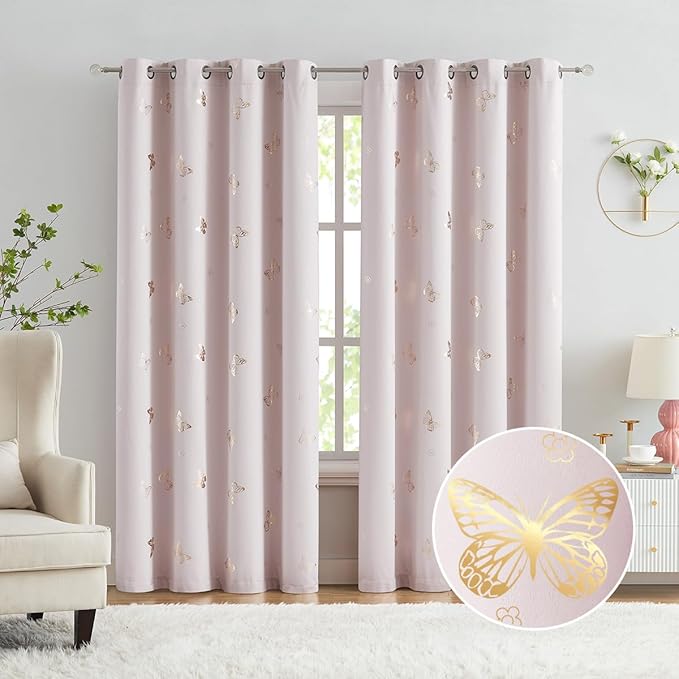 Jubilantex Pink and Gold Butterfly Blackout Curtains 95" Length for Baby Girls Nursery Bedroom 80% Blackout Grommet Window Treatment,1 Pair Lavender Pink/Baby Pink