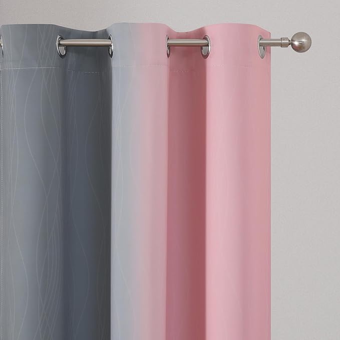 Pink and Grey Blackout Curtains 45 inches Long,Ombre Full Room Darkening Window Curtains for Living Room,Grommet Thermal Insulated Drapes,Light Blocking Curtains for Girls Bedroom,42x45 Inch, 2 Panels